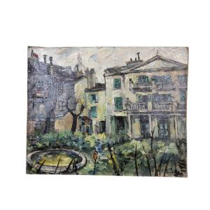 Montmartre School. Oil On Canvas "courtyard In Montmartre" 72 X 60 Cm