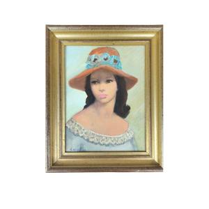 Oil On Canvas "young Woman With Hat" 35 X 27.5 Cm