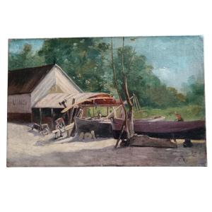 Bretagne. Charles Raub. Huile Sur Toile "le Petit Chantier Naval" 40,9 X 26,8 Cm