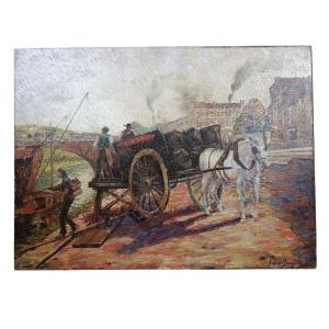 Ecole Pointilliste. Huile Sur Toile "débarquement De La Cargaison" 73,2 X 54,5