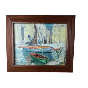 Impressionist School. Oil On Canvas "boats At The Quay In Provence" 41 X 33 Cm