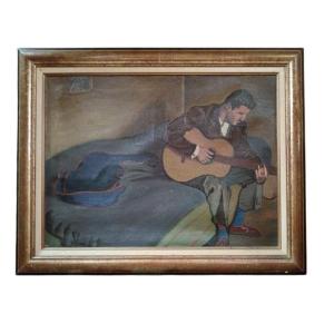 Marcel Gonzalez. Oil On Canvas "the Guitarist At The Corner Of The Bed" 73 X 54 Cm