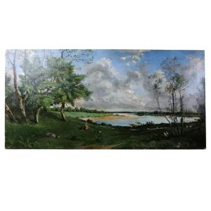 Barbizon School. Oil On Canvas "young Peasant Woman At The Edge Of The Pond" 90 X 45 Cm