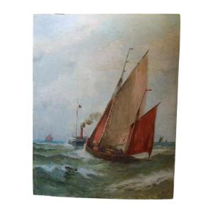 Ch.picard. Huile Sur Carton "vapeur Devançant Un Bateau De Pêche" 40,8 X 32,1 Cm