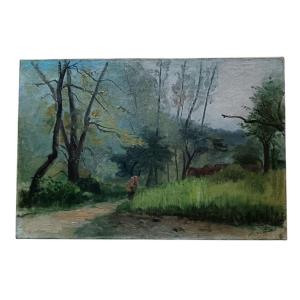 école De Barbizon. Huile Sur Toile "paysanne Et Son Enfant En Forêt" 40 X 27 cm