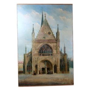 Paul Denarié. Huile Sur Toile "la Basilique Notre-dame De Liesse" 81 X 55 Cm