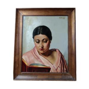 Robert Dansler. Oil On Canvas "young Woman Reading Her Price Book" 61 X 50 Cm