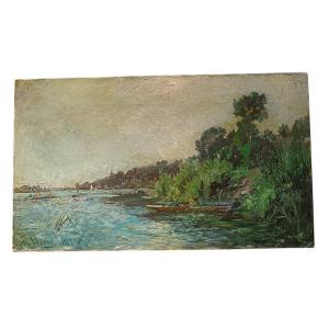 Alexandre René Véron. Huile Sur Toile "pêcheurs Au Bord De l'Eau" 46,3 X 27,2 Cm