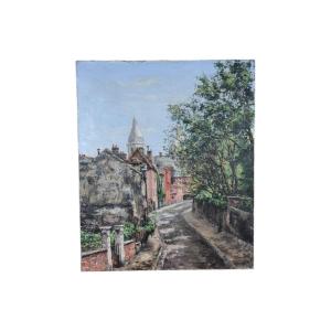 Montmartre. Huile Sur Toile "rue De Montmartre" 55 X 46 Cm