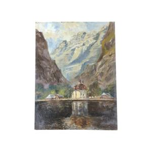 M.braun. Huile Sur Carton "l'église Saint-barthélemy Près Du Lac De Königsee" 40,3 X 30,4 Cm