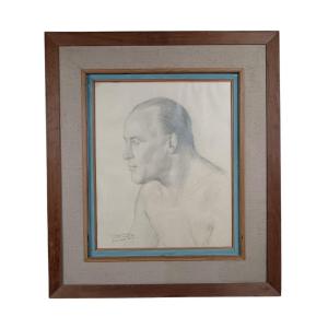 Pierre Guyénot Prix De Rome. Dessin Au Fusain "portrait d'Homme" 54 X 44,5 Cm