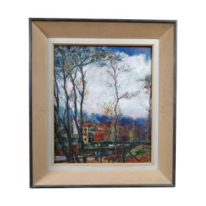 école Japonaise. Huile Sur Toile "petit Bras De La Seine Au Bas-meudon" 46,5 X 38 Cm