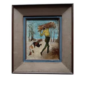 Félix Varla. Huile Sur Toile "les Fagoteurs Dans La Neige" 27 X 22 Cm