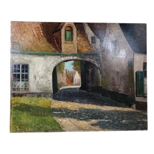 Béguinage. Huile Sur Toile "l'entrée Du Béguinage, Bruges" 75,5 X 60,5 Cm