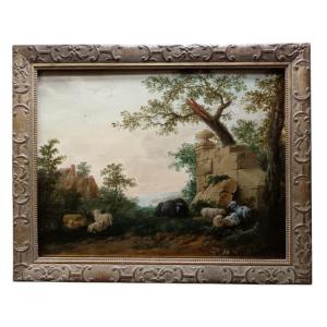 Entourage De Huet. Huile Sur Panneau "le Taureau Et Les Moutons Près Des Ruines" 50 X 37,5 Cm