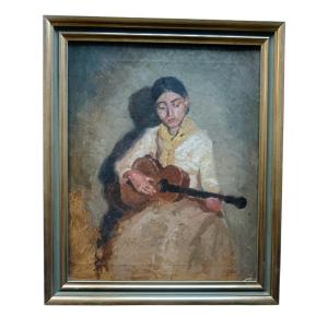 Oil On Canvas "young Girl Playing The Guitar" 41.2 X 33.2 Cm