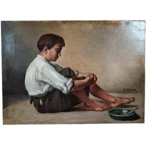 Gustave Mohler. Oil On Canvas "young Boy In Penance" 100.5 X 73 Cm