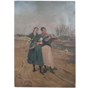 Oil On Canvas "two Happy Peasant Women" 46 X 32.6 Cm