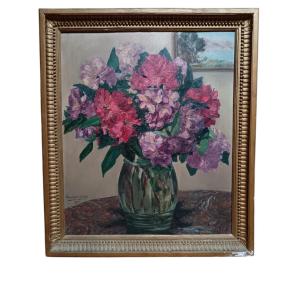 Stéphane De Trenqualye. Huile Sur Panneau De Contreplaqué "bouquet De Fleurs" 66,8 X 56 Cm