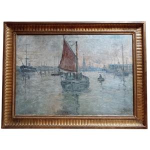 école Néo-impressionniste. Huile Sur Toile "l'entrée Du Port De Stockholm" 100,5 X 68,5 Cm