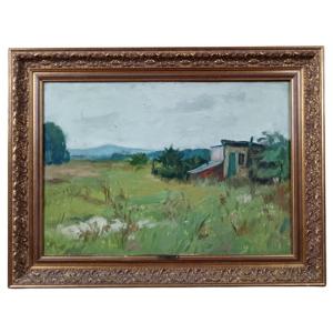 Edmond Heuze. Huile Sur Panneau De Contreplaqué "la Petite Maison Dans La Prairie"55,5 X 38,3cm