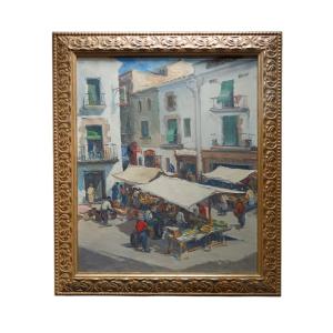 Josep Sarquella. Huile Sur Toile Marouflée Sur Carton "jour De Marché" 56 X 47 Cm