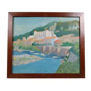 Louise Claeysen.  Huile Sur Panneau d'Isorel "le Château De Vogüé En Ardèche" 65 X 54 Cm