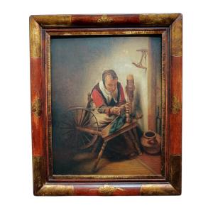 After Nicolaes Maes. Oil On Oak Panel "old Woman Spinning Wool" 40.5 X 32 Cm