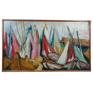 P. Neri. Huile Sur Toile "mâts Et Voiles à Touche-touche" 49,5 X 86 Cm