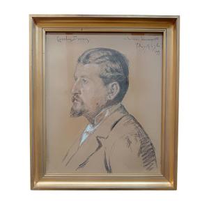 Carolus Duran. Pastel Sur Toile "portrait d'Homme En Buste De Profil" 46,6x38cm