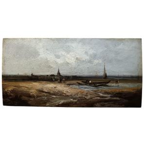 Marine. Huile Sur Panneau "bord De Mer, Le Village Au Loin" 18 X 36,3 Cm