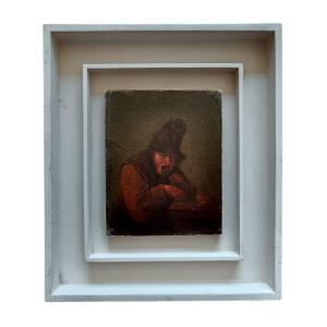 Joos Van Craesbeeck d'Après. Huile Sur Toile Marouflée "le Dernier Verre" 19,1 X 15,2 Cm