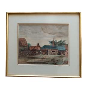 Henri Harpignies. Watercolor On Paper "farmyard, The Farrier's Workshop" 19.4 X 24.3