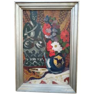 Oil On Canvas "bouquet Of Flowers And Statue Of The Ancestor" 45.5 X 29 Cm