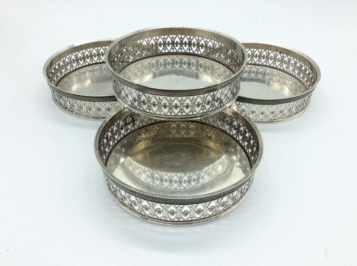 4 Silver Bottle Coasters, 20th Century.