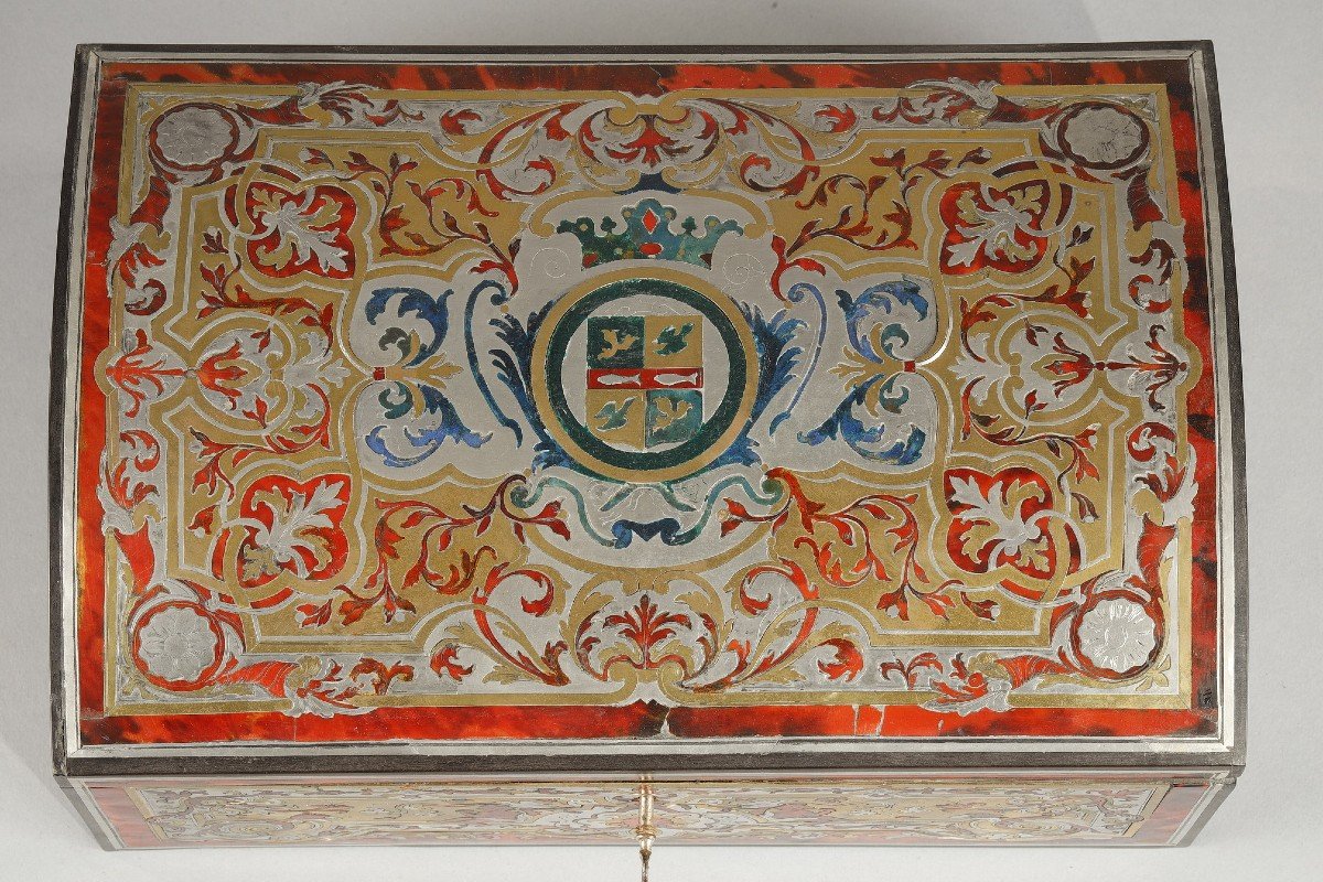 Rare Coffre En Marqueterie Boulle d'écaille De Tortue Comportant Un Blason-photo-2