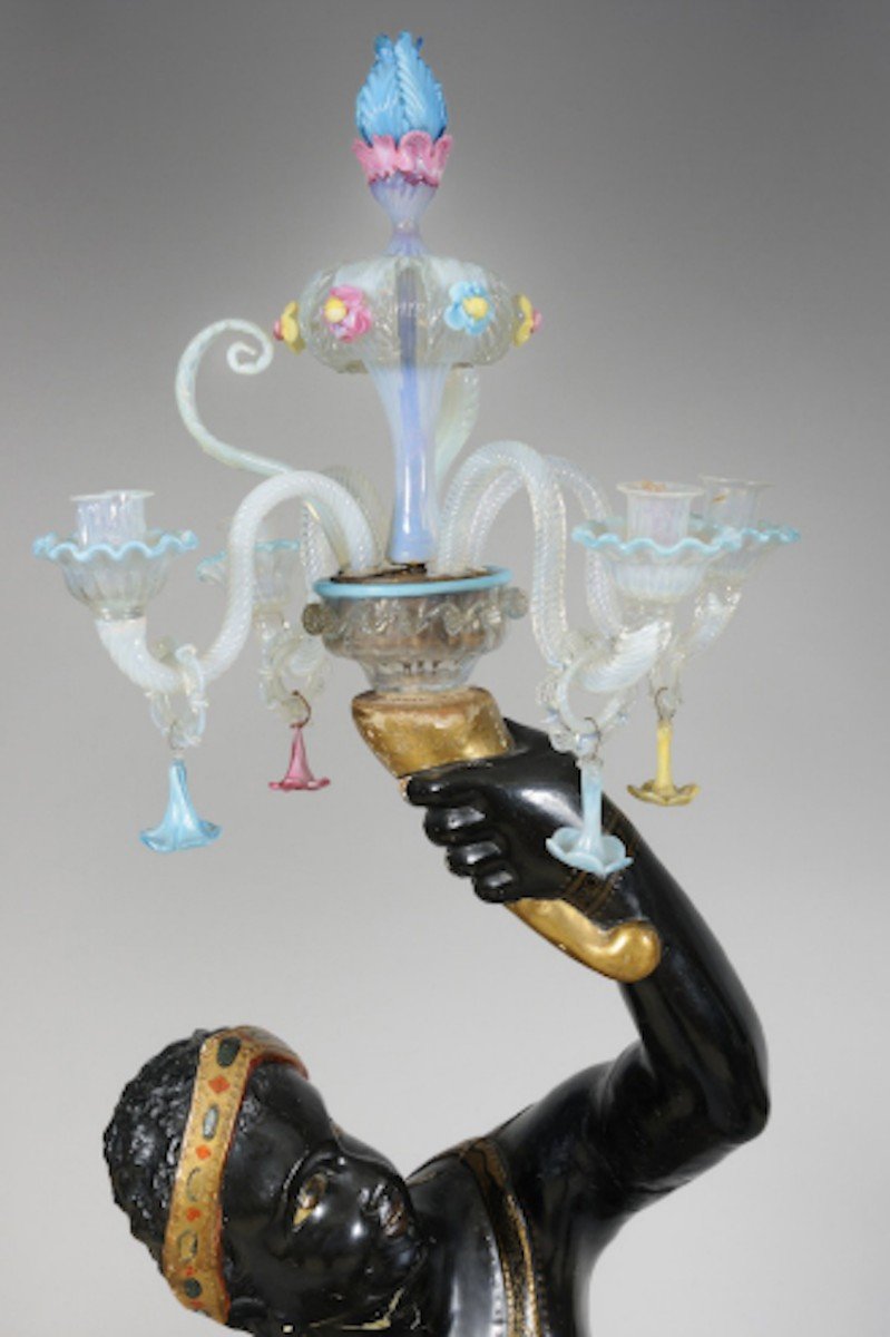 Pair Of Venetian Nubians And Murano Glass Candelabra-photo-3