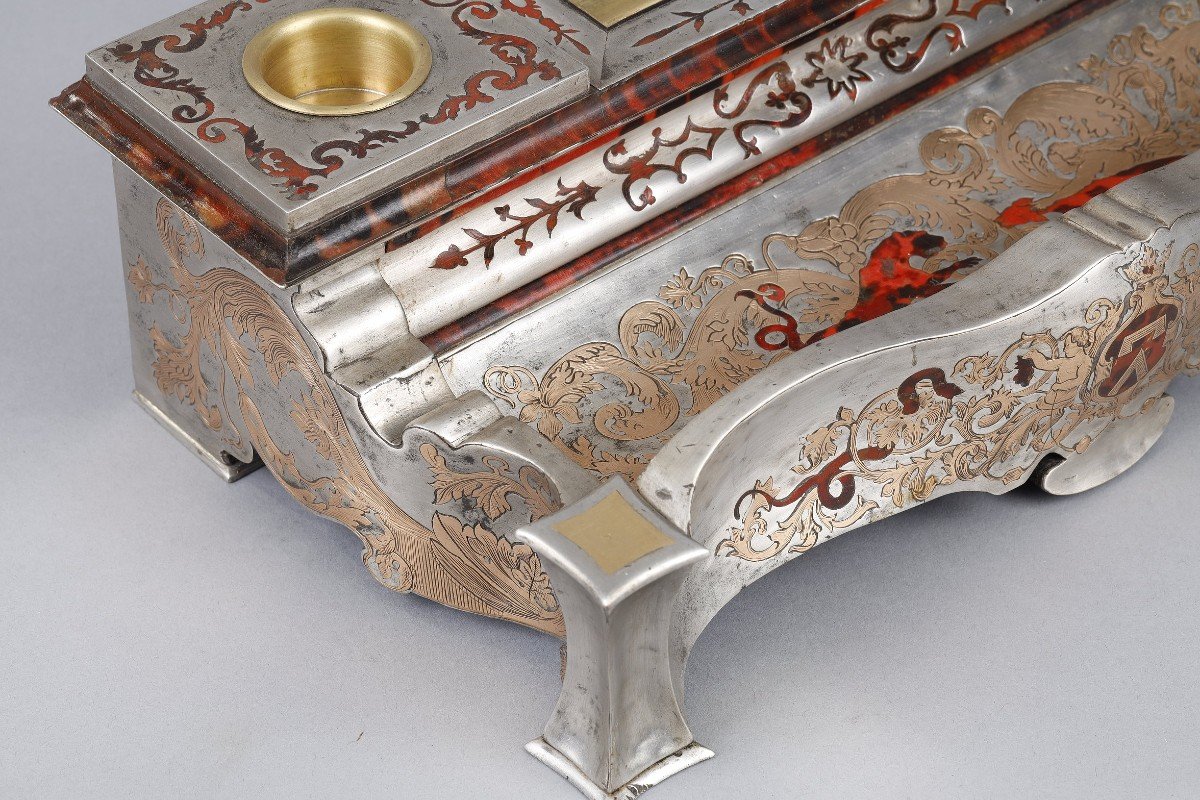 Louis XIV Inkwell In Boulle Marquetry With Coat Of Arms-photo-3