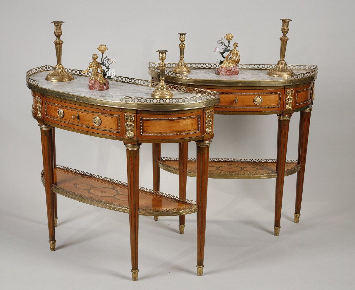 Pair Of Half-moon Consoles In Lemon Wood Stamped Garnier