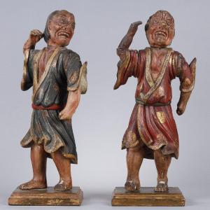 Pair Of Polychrome Wood Chinese Statues
