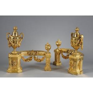 Pair Of Louis XVI Period Andirons In Gilded Bronze