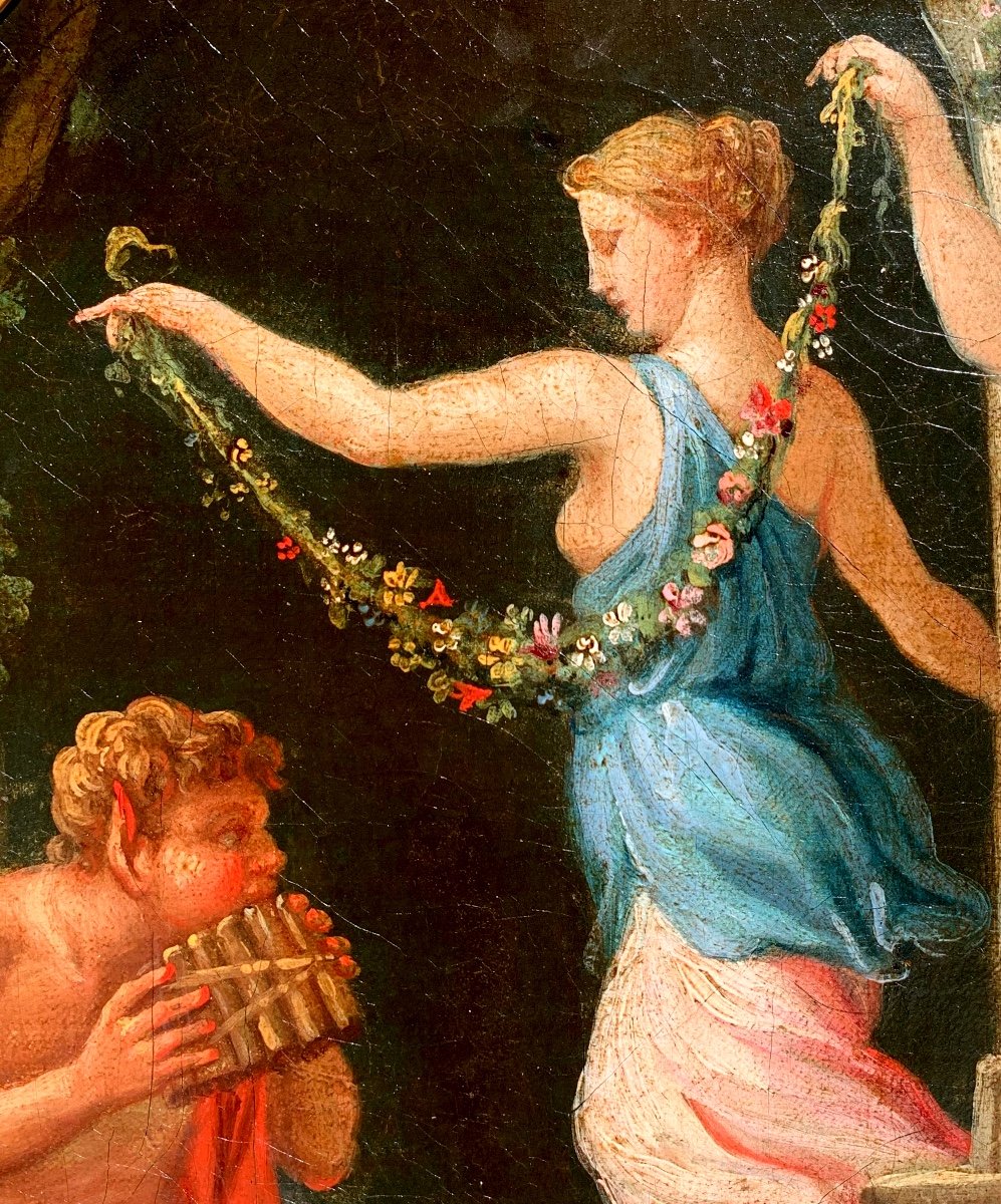 Proantic: Faun And Three Dancing Nymphs. Oil Canvas 41x41, Round 37. E