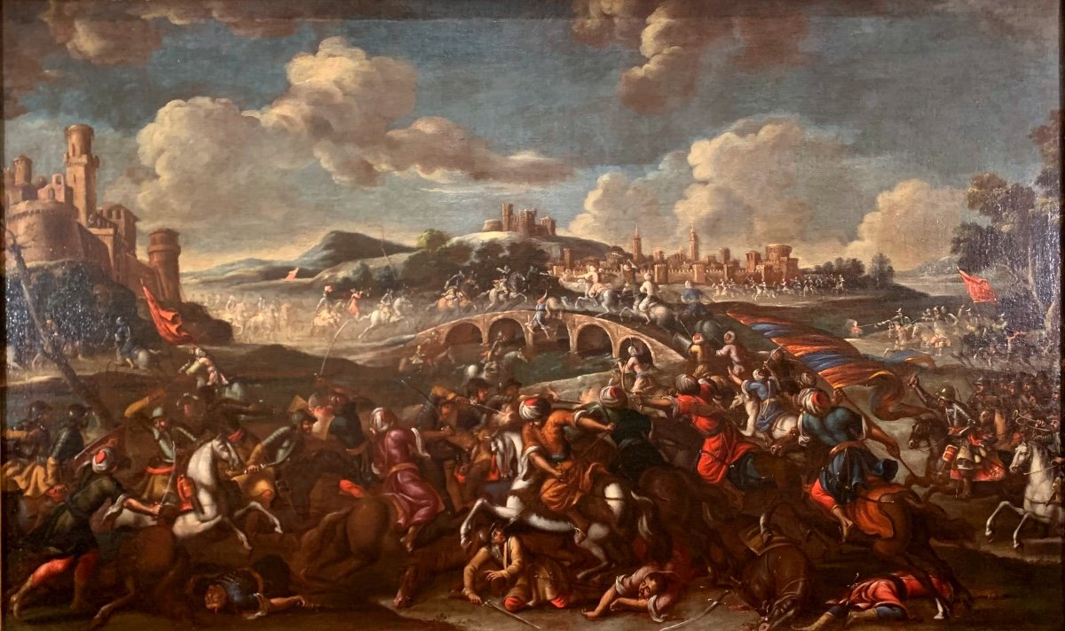 Battle Between Christian And Turkish Knights. Oil On Canvas 153x91.mid -17-th Century -photo-2