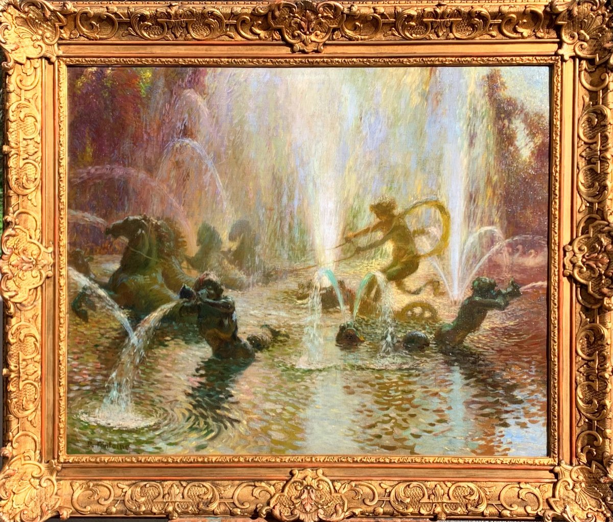 Apollo Fountain In Versailles.large Oil On Canvas 100x81. Late 19th Century Pointilliste School-photo-2