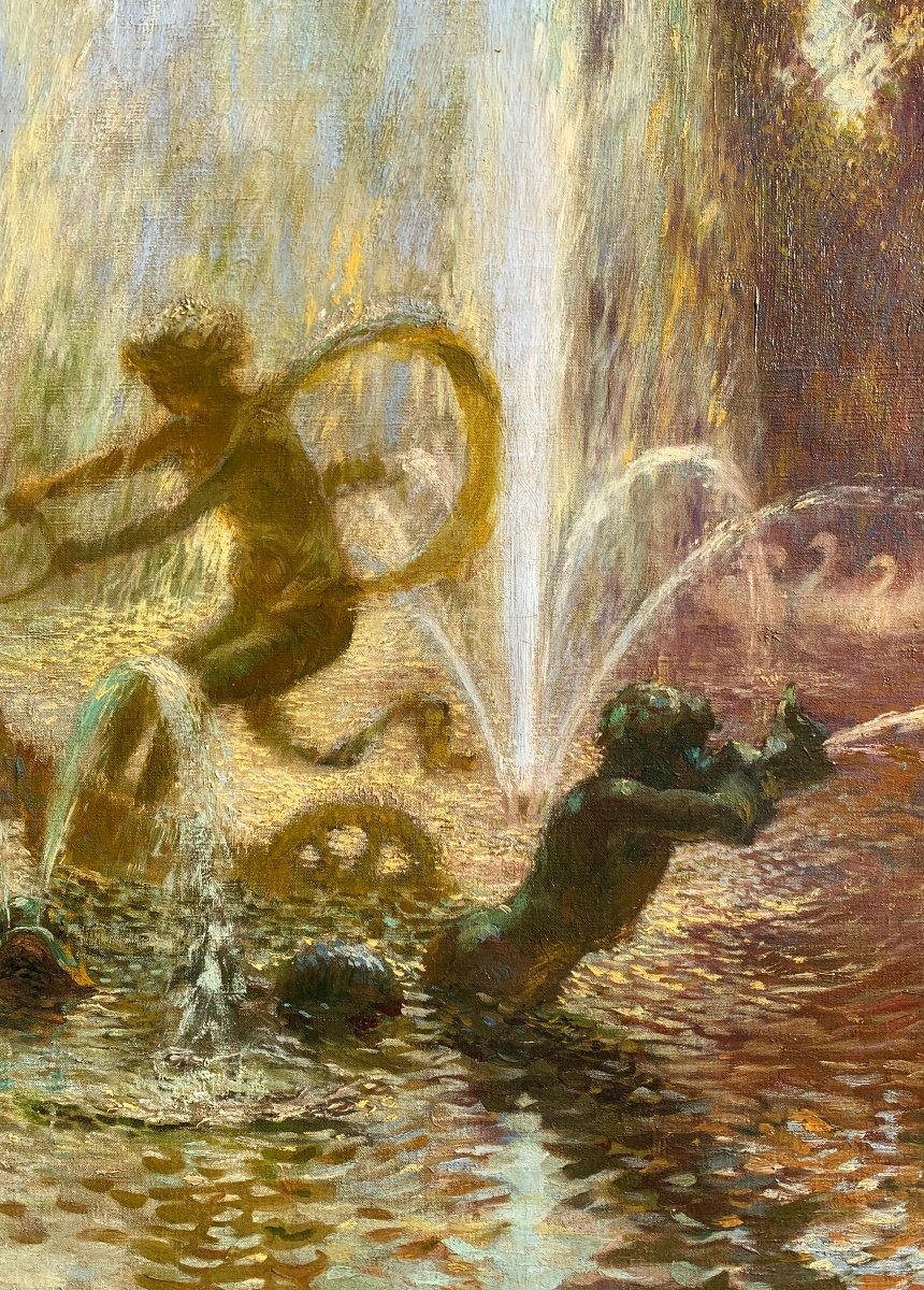 Apollo Fountain In Versailles.large Oil On Canvas 100x81. Late 19th Century Pointilliste School-photo-1