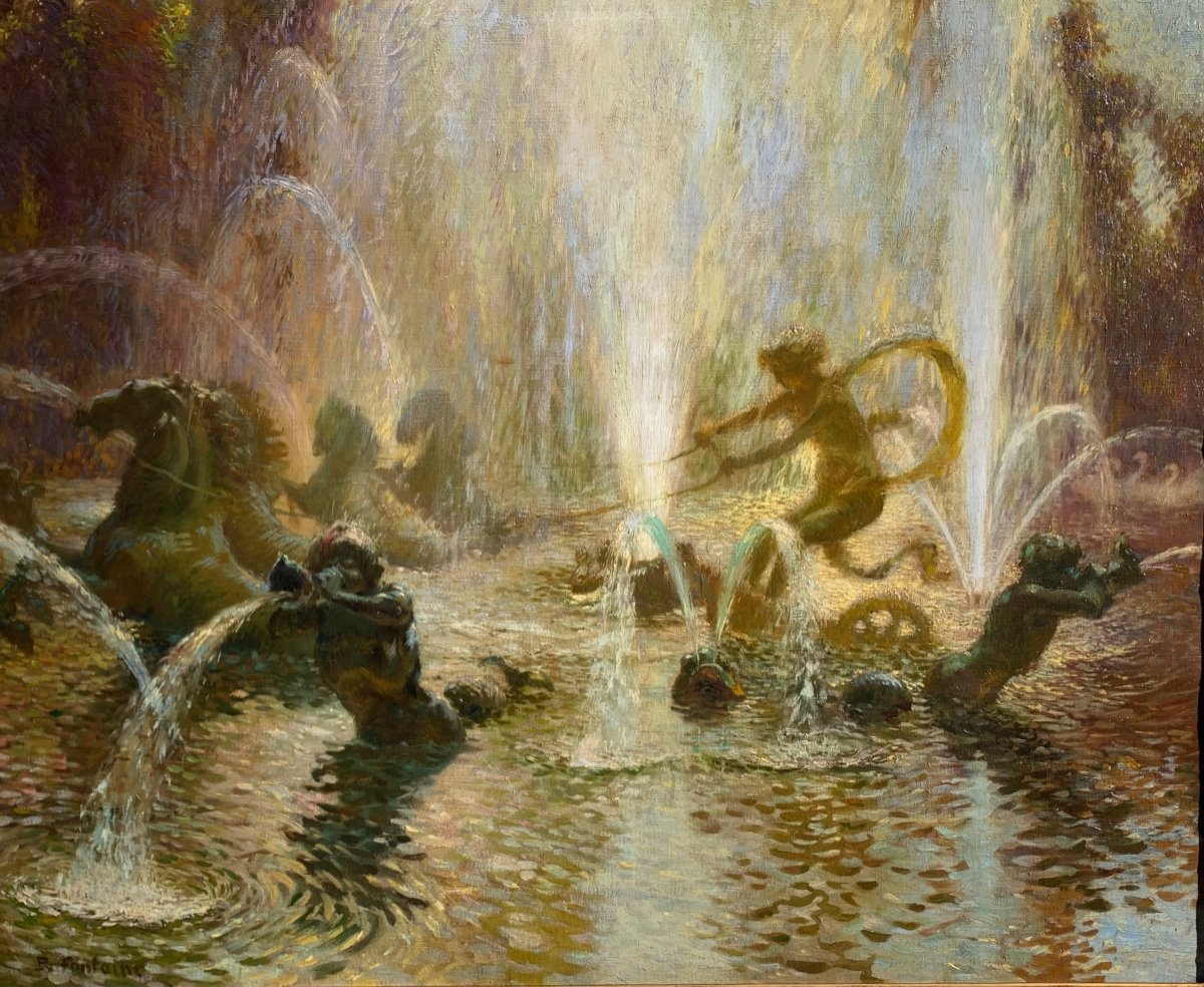 Apollo Fountain In Versailles.large Oil On Canvas 100x81. Late 19th Century Pointilliste School-photo-5