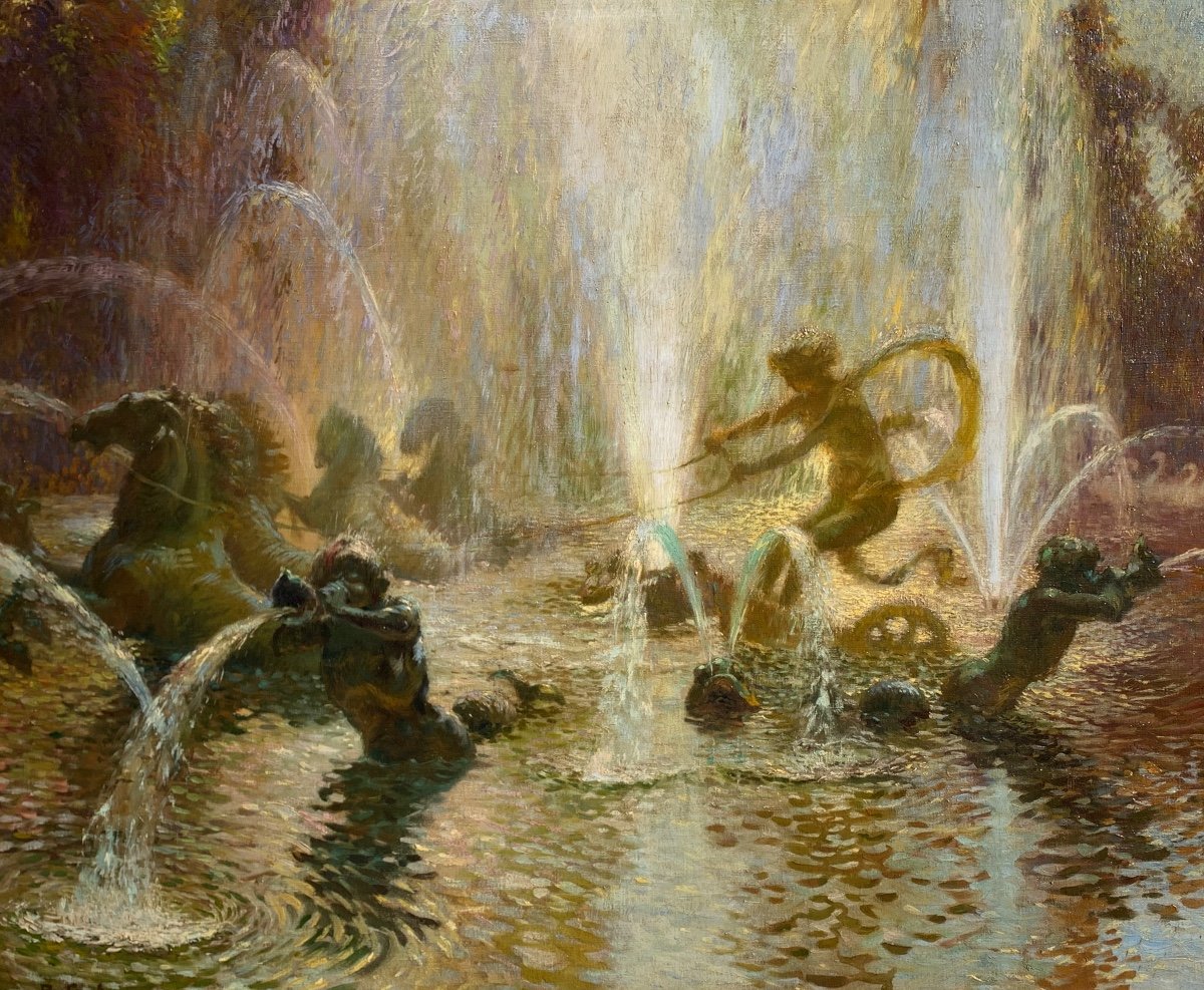 Apollo Fountain In Versailles.large Oil On Canvas 100x81. Late 19th Century Pointilliste School