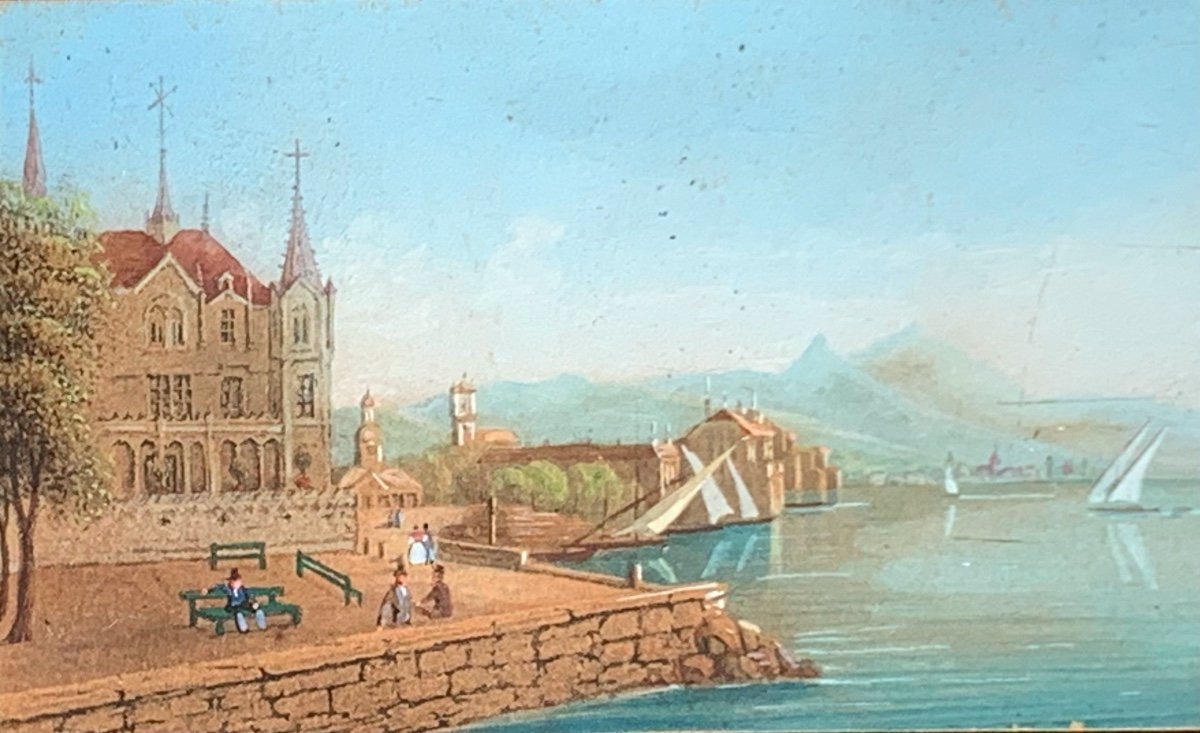 Views Of Vevey, Lake  Leman,switzerland .pair Of Miniatures 8,5x5. Mid-19th Century Era.-photo-2