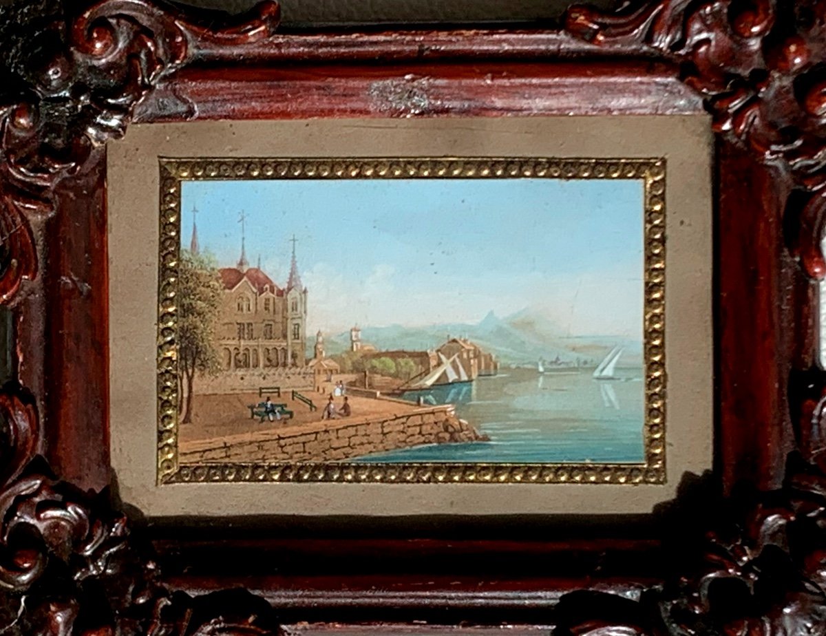 Views Of Vevey, Lake  Leman,switzerland .pair Of Miniatures 8,5x5. Mid-19th Century Era.-photo-4