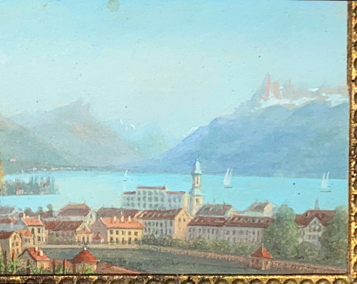 Vues De Vevey,Lac Leman, Suisse.paire De Miniature 5x8. Milieu XIX Siecle-photo-4